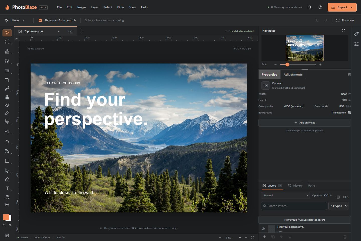 PhotoBlaze editing a mountain landscape with text layers, a navigator and layer properties